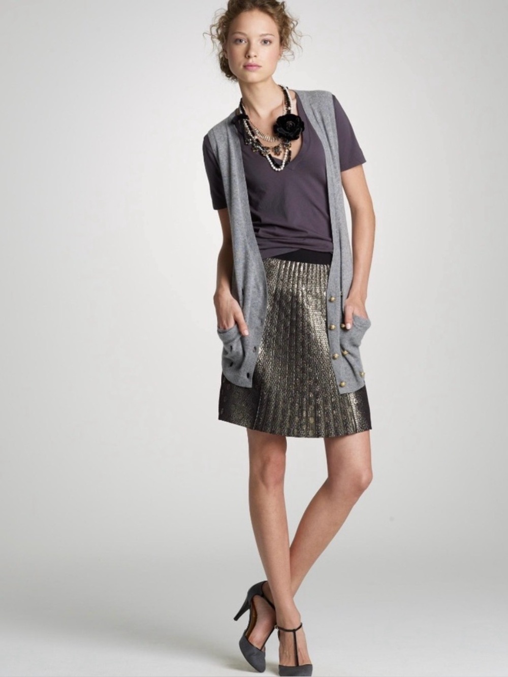 J. Crew Metallic Gold Pleated Mini Skirt